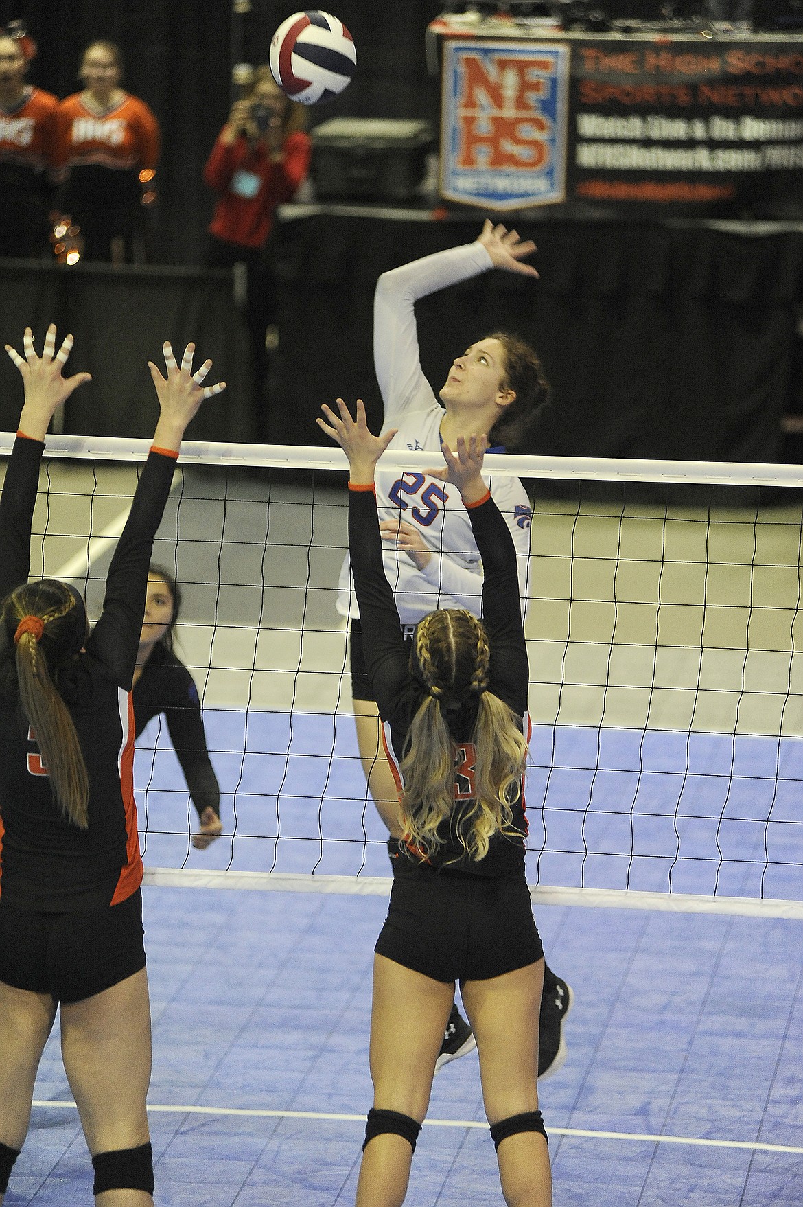 Kiera Brown goes up to attack the ball against Hardin. (Dan Chesnet/Belgrade News)