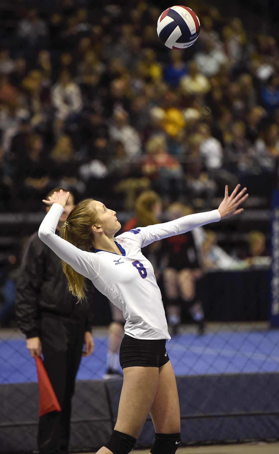 Columbia Falls junior Dillen Hoerner pulls back for a serve on Thursday at the Brick Breeden Fieldhouse in Bozeman. (Rachel Leathe/Bozeman Daily Chronicle)