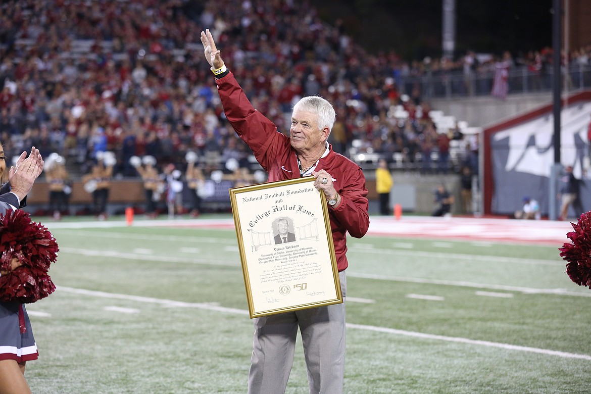 Courtesy WSU Athletics
Dennis Erickson, heading into the College Football Hall of Fame on Tuesday, was honored by Washington State earlier this fall. Erickson coached the Cougars from 1987-88.