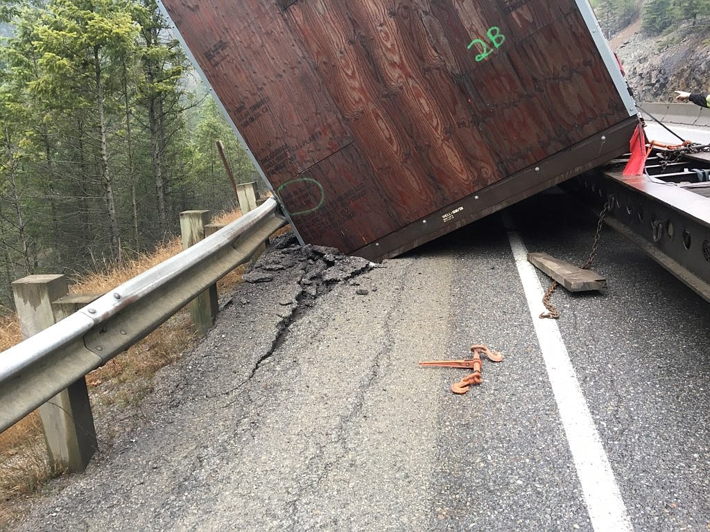 Photo courtesy of Idaho Transportation Department
Westbound Interstate 90 was closed for 12 hours after this 60-ton semi-truck load containing a generator detached from the truck and damaged the shoulder near Milepost 63 east of Wallace on Thursday. The incident was caused by a mechanical failure, according to Idaho State Police. Some travelers slept in their cars because they could not move from where they were stopped until the roadway was cleared.