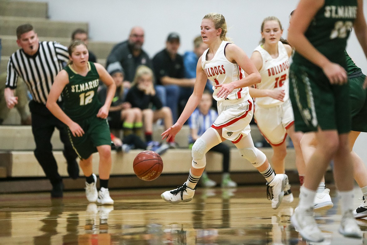 (Photo courtesy of JASON DUCHOW PHOTOGRAPHY)
Freshman Kelsey Cessna dribbles downcourt during a game against St. Maries on Nov. 19 at Les Rogers Court.