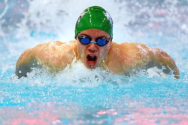 Glacier's Alex Bertrand swims in the boys 200 yard IM during the Kalispell Invitational at The Summit on Saturday. (Casey Kreider/Daily Inter Lake)
