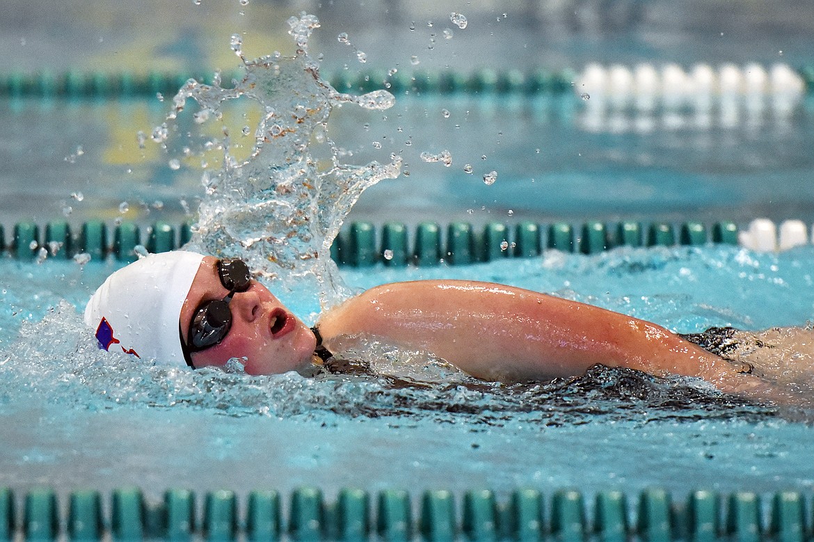Columbia Falls' Evalyn Hull swims in the girls 200 yard freestyle during the Kalispell Invitational at The Summit on Saturday. (Casey Kreider/Daily Inter Lake)