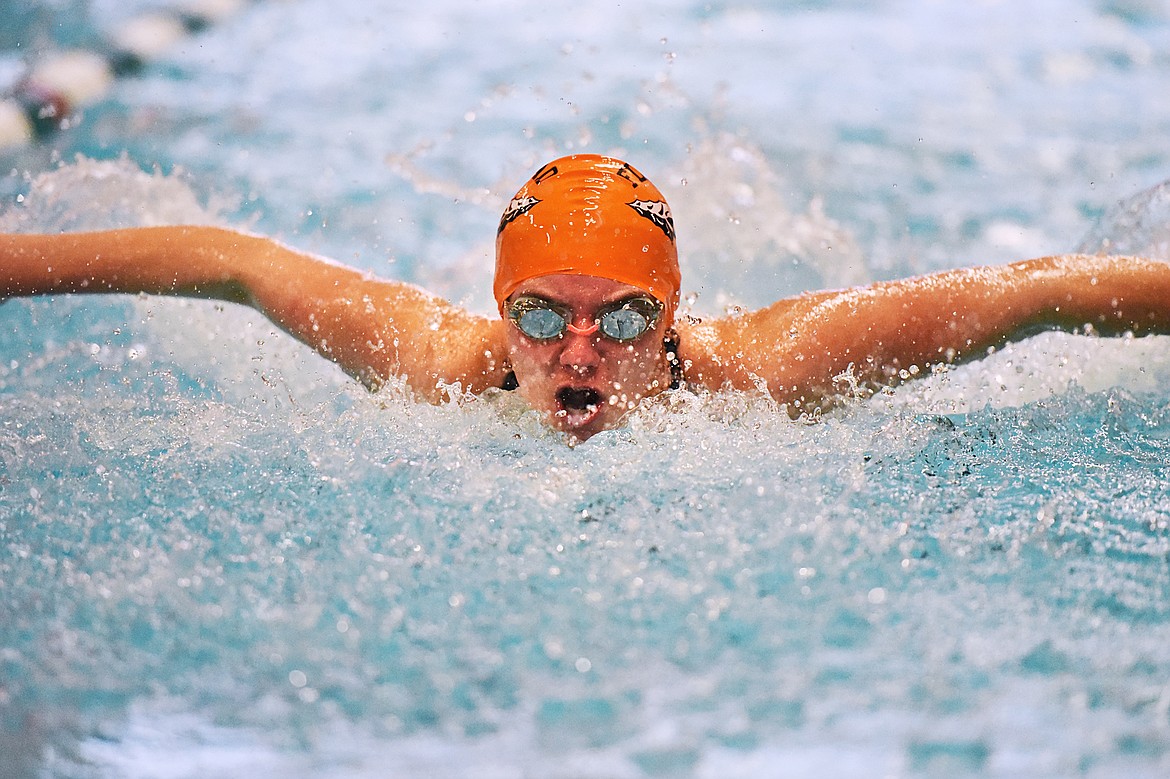 Flathead's Kailey Schrader swims in the girls 200 yard medley relay during the Kalispell Invitational at The Summit on Saturday. (Casey Kreider/Daily Inter Lake)