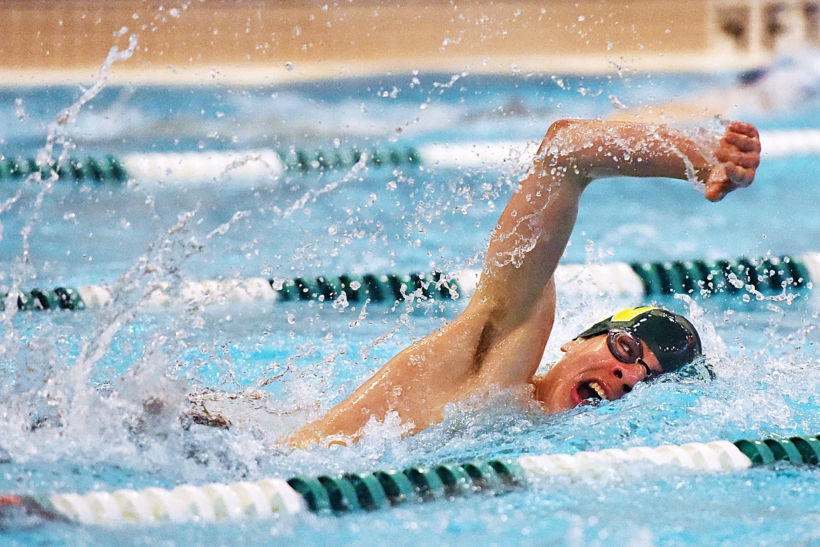 Whitefish's Logan Botner swims in the boys 200 yard freestyle during the Kalispell Invitational at The Summit on Saturday. (Casey Kreider/Daily Inter Lake)