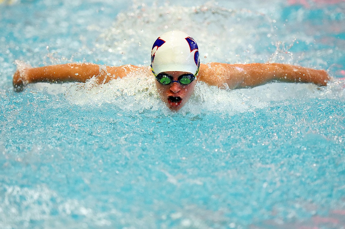 Columbia Falls' Conner Cheff swims in the boys 200 yard medley relay during the Kalispell Invitational at The Summit on Saturday. (Casey Kreider/Daily Inter Lake)