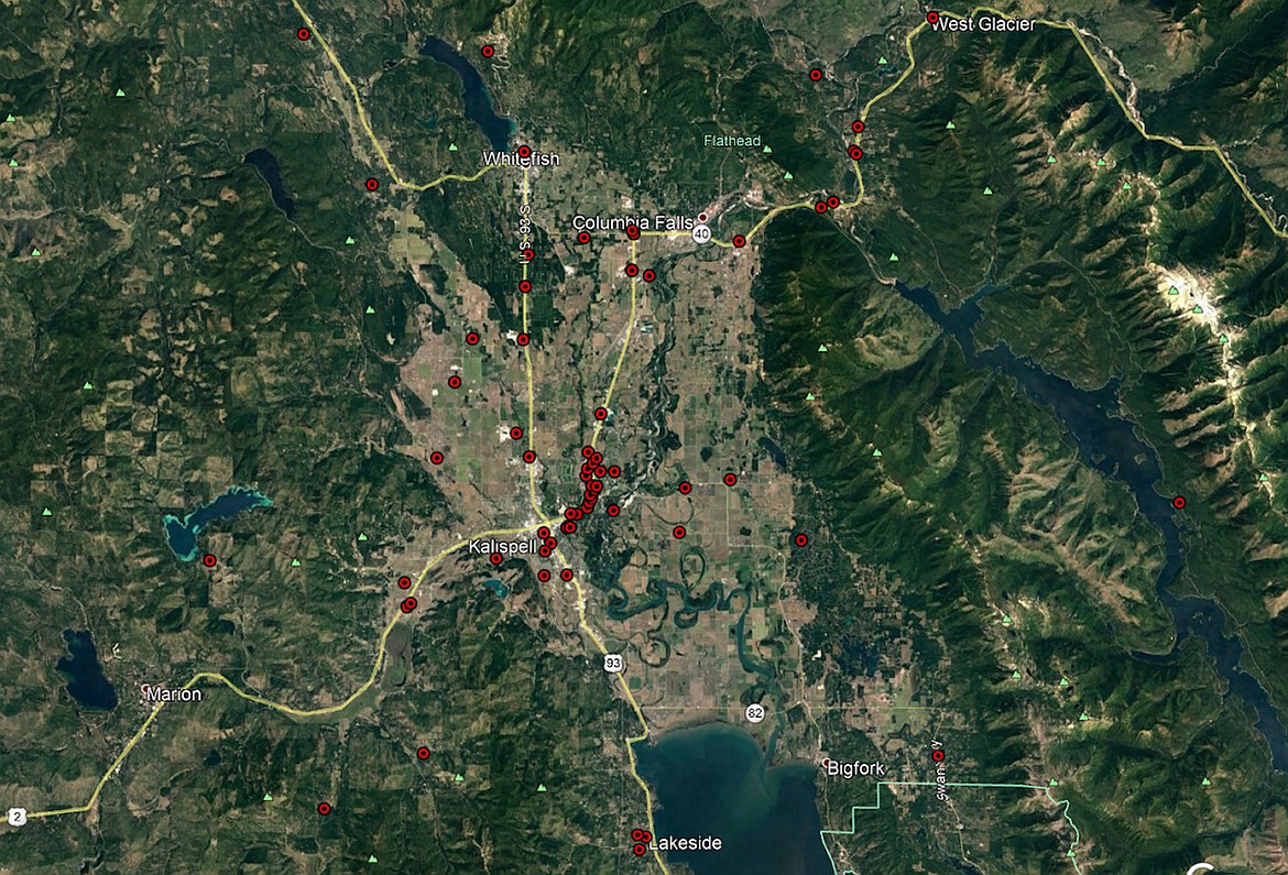 This map shows where vehicles have been stolen in Flathead County from Aug. 1 through Nov. 30. Red circles indicate where vehicle thefts occurred and green marks illustrate where they were recovered. (Graphic courtesy of Flathead County Sheriff&#146;s Office)