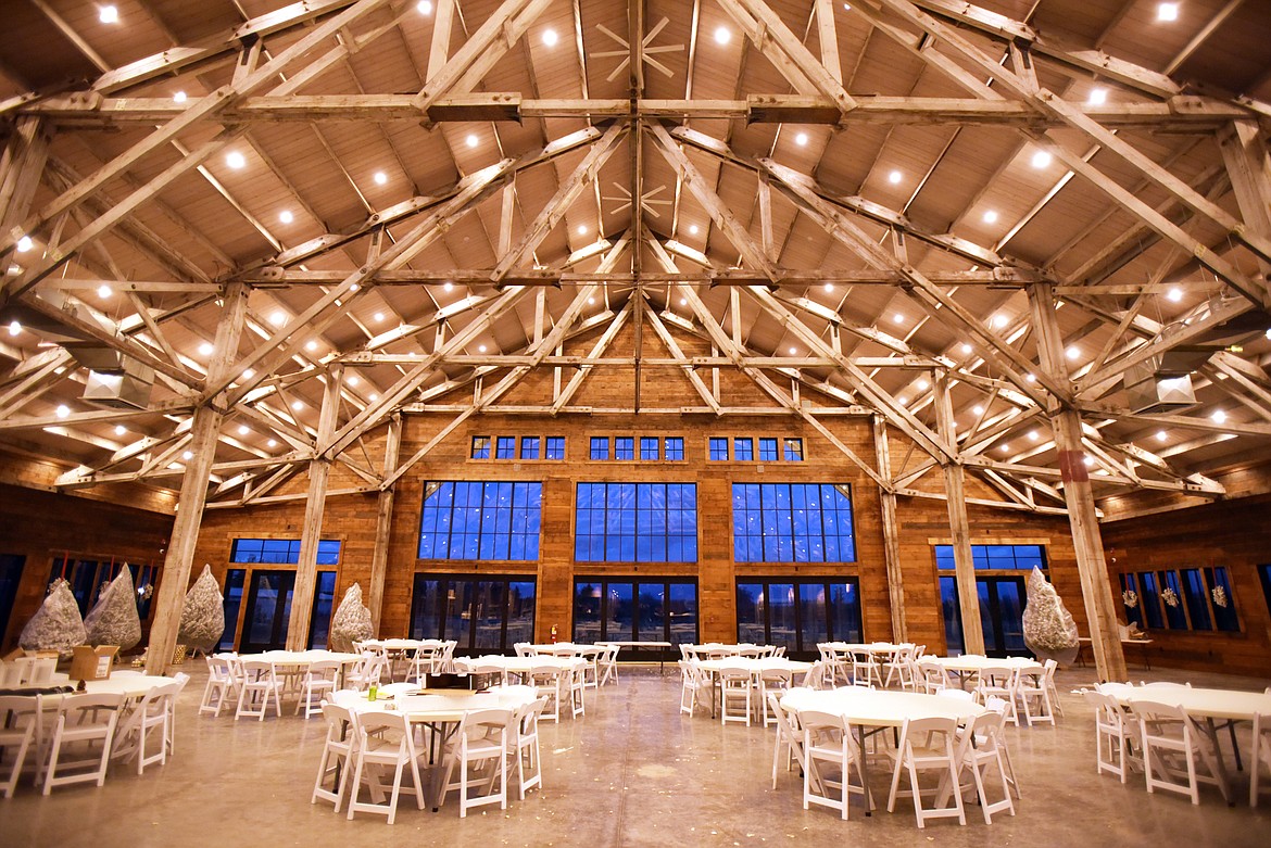 the Snowline Acres event center, which was built by relocating and restoring the former Kalispell Lumber building, is pictured the evening of Nov. 25. (Brenda Ahearn photos/Daily Inter Lake)