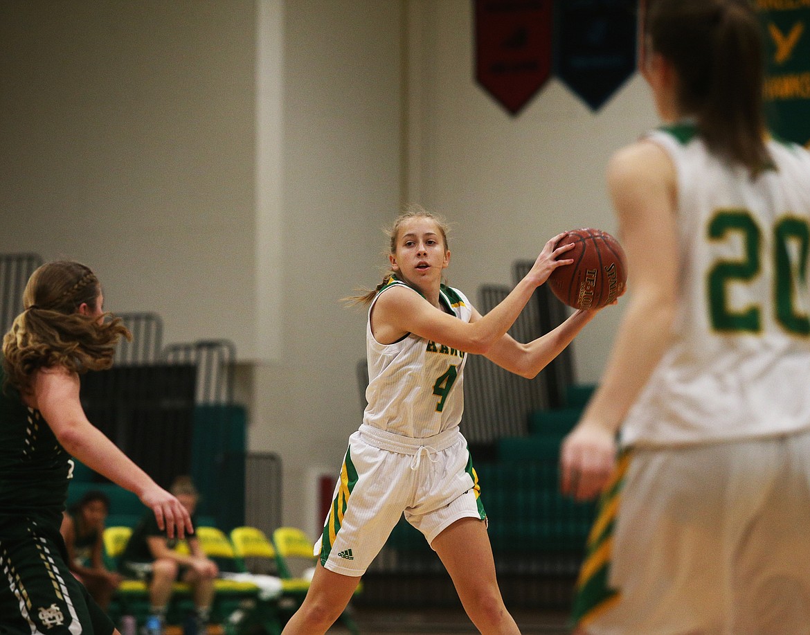 Lakeland&#146;s Hailey Tingey looks to pass the ball to a teammate during a game against St. Maries last Tuesday at Lakeland High School.