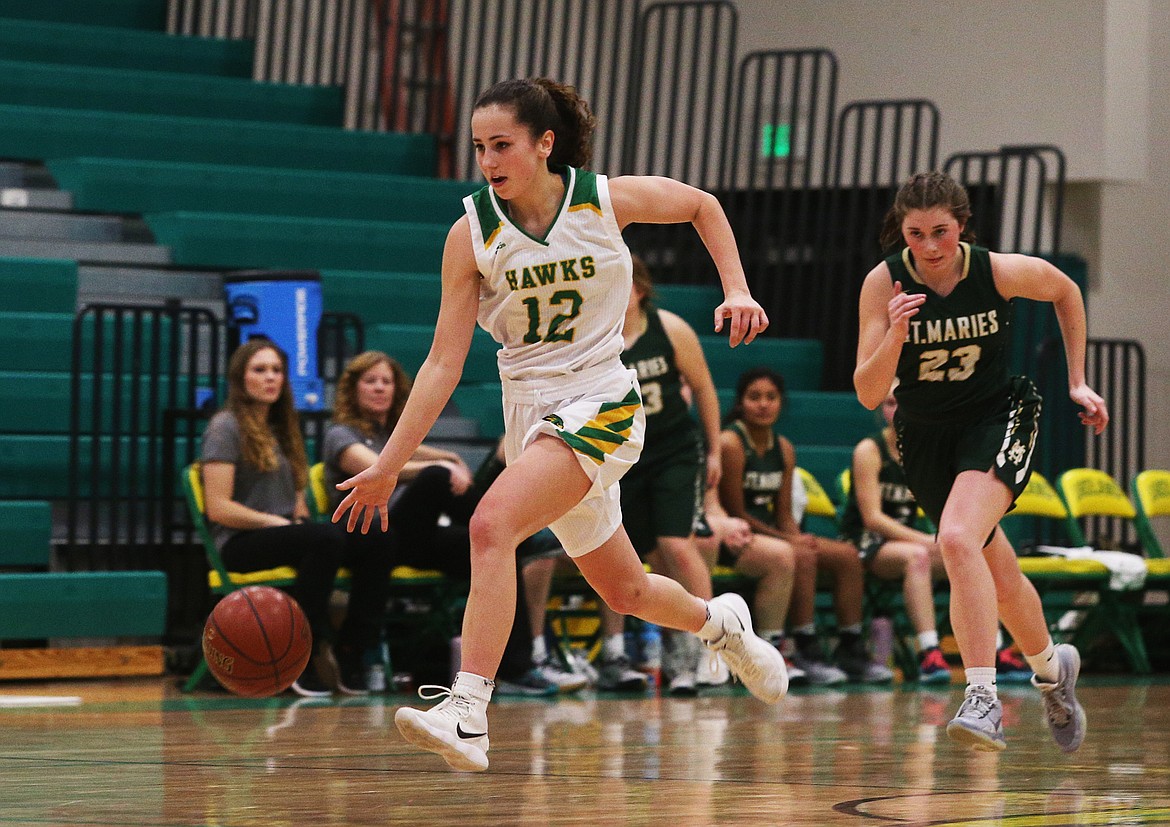 Lakeland&#146;s Abbey Neff dribbles the ball down the court on a fast break against St. Maries.