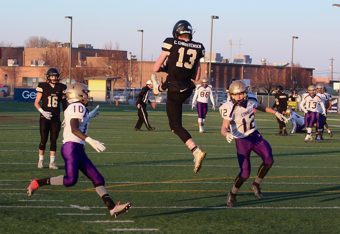 Casey McCarthy/Sun Tribune Royal's Cooper Christensen goes up for the grab against Connell on Saturday at Lions Field in Moses Lake.