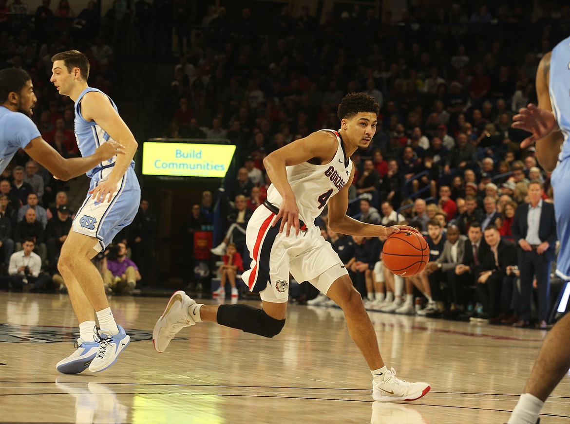 Gonzaga's Ryan Woolridge dribbles  toward the basket against University of North Carolina Wednesday at the McCarthey Athletic Center. (LOREN BENOIT/Press)