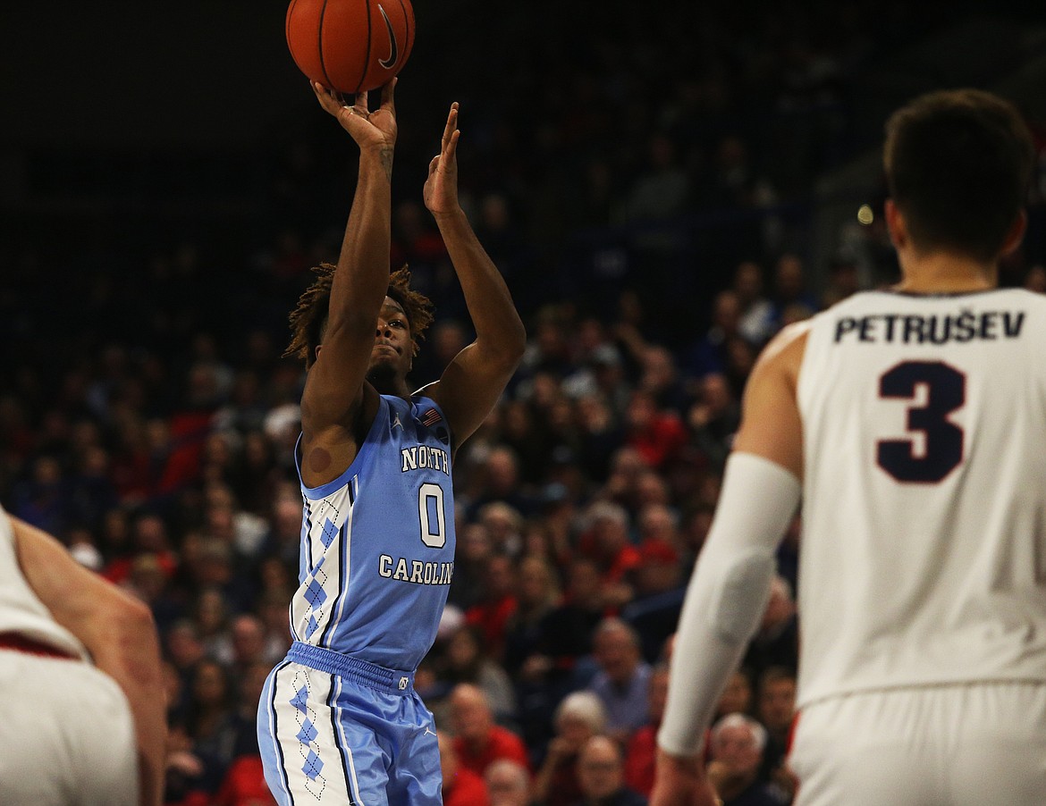 University of North Carolina's Anthony Harris shoots a three pointer against Gonzaga Wednesday night at the McCarthey Athletic Center. (LOREN BENOIT/Press)