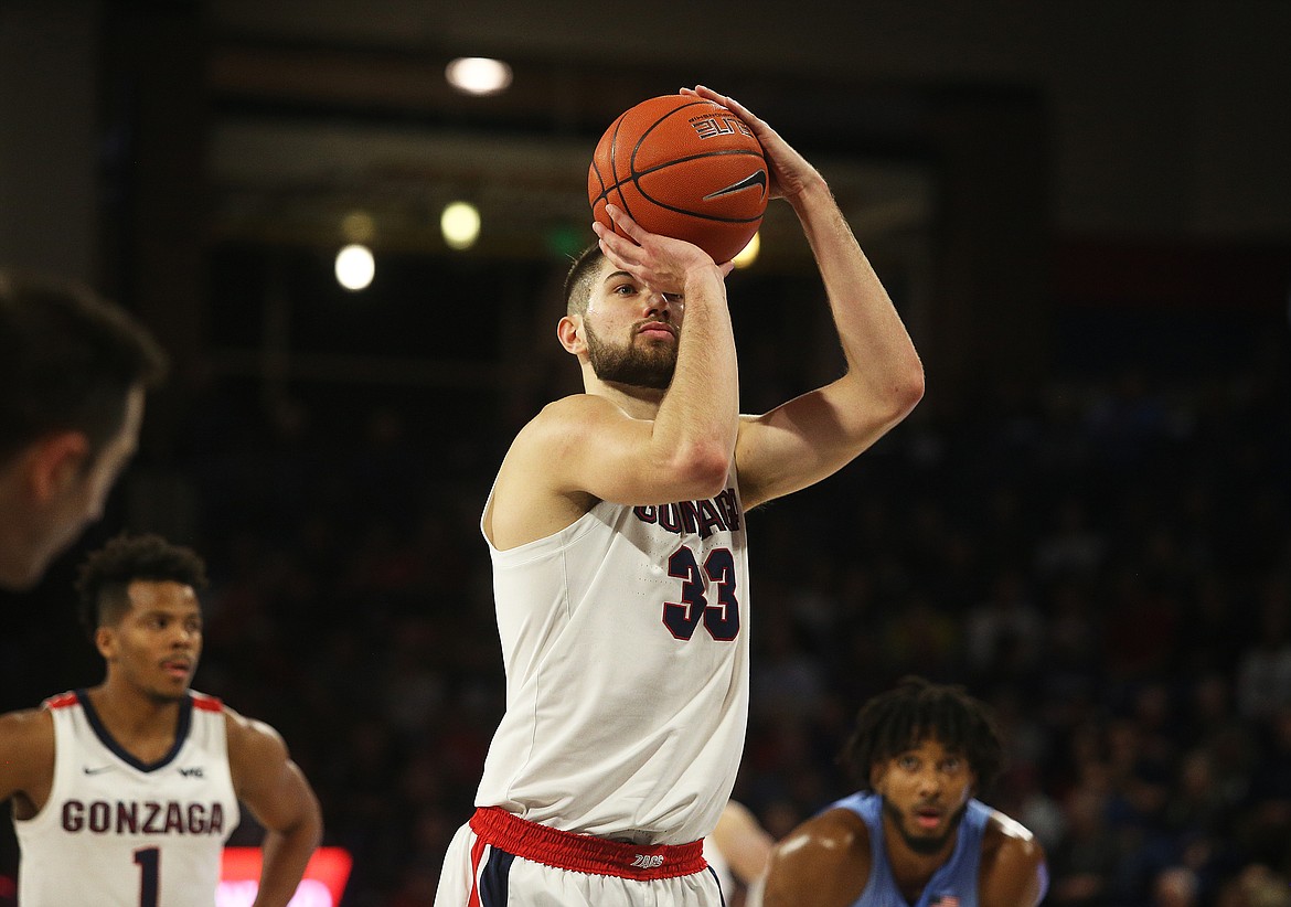 Gonzaga's Killian Tillie shoots a free throw during Wednesday's game against University of North Carolina at the McCarthey Athletic Center. (LOREN BENOIT/Press)