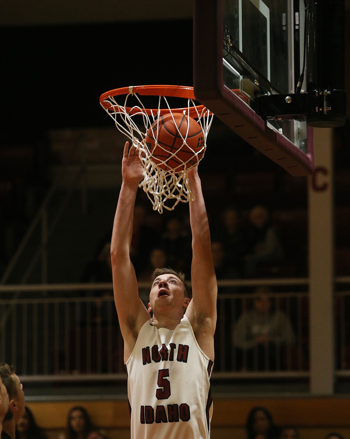 North Idaho Colleges James Carlson dunks during Friday nights game against South Puget Sound.