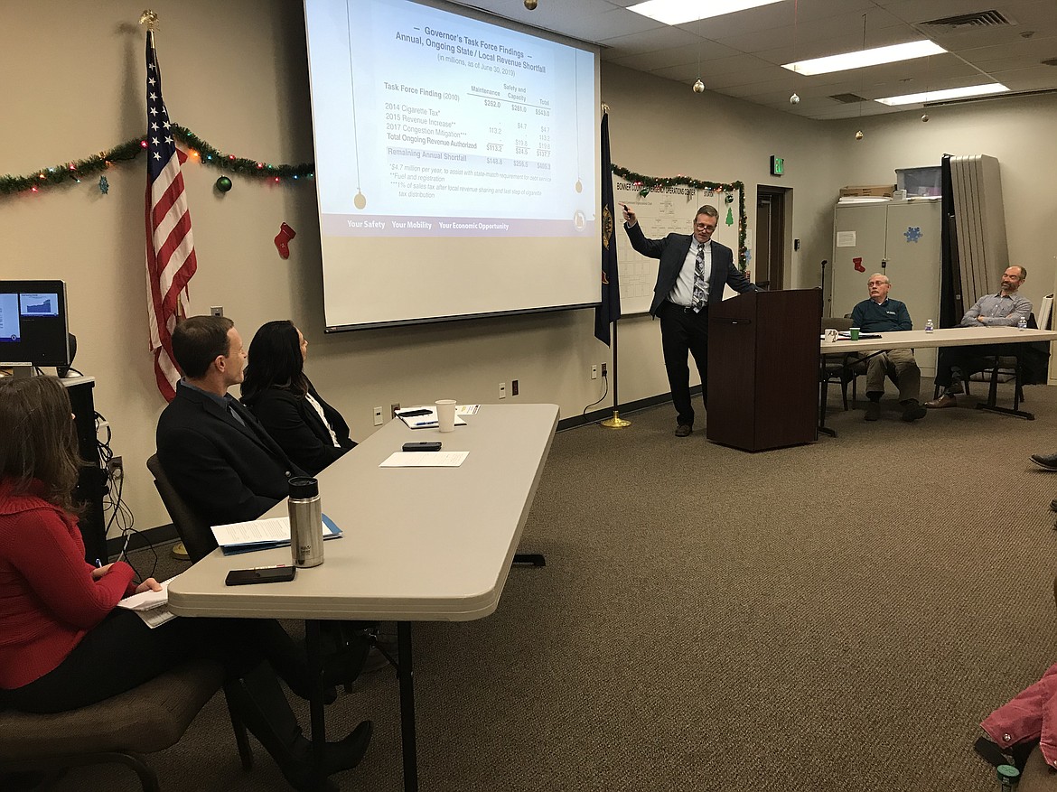 (Photo by MARY MALONE)Damon Allen, ITD District 1 engineer, talks to members of the Bonner County Bonner County Area Transportation Team meeting last Wednesday as he gave an update on the unfunded transportation projects needed in North Idaho