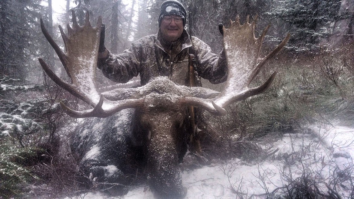 Courtesy photo
Frank Gabriel of Prichard shot a shiras moose in a snowstorm in Unit 4. Fish and Game reduced available tags this year for the controlled moose hunts in North Idaho because indicators show the population is in a downturn.