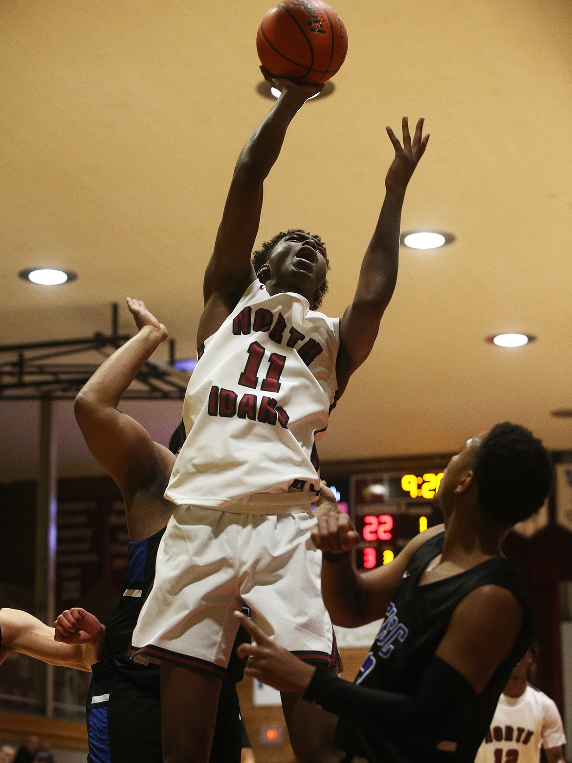 LOREN BENOIT/Press
North Idaho Colleges Yusuf Mohamed scores a layup basket against South Puget Sound on Friday night.