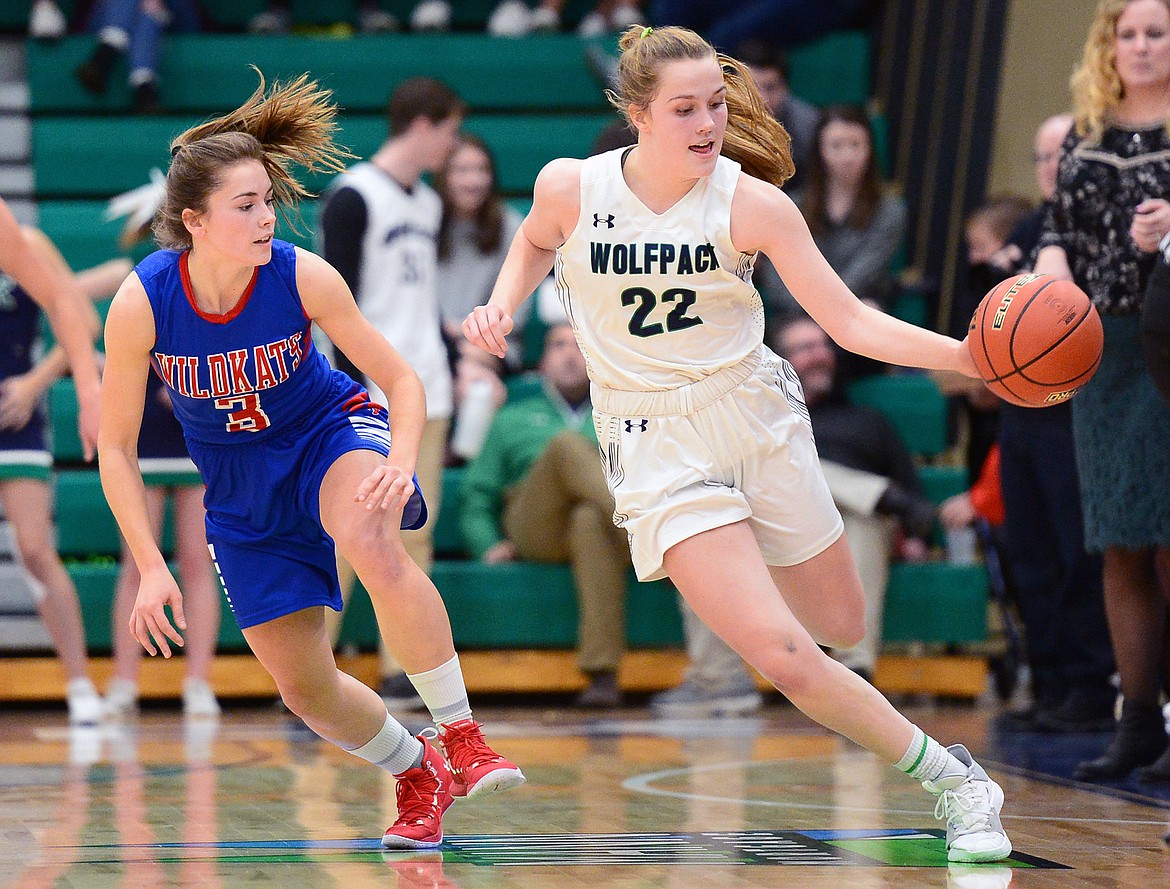 Glacier's Ellie Keller steals the ball from Columbia Falls' Maddie Robison in the first half at Glacier High School on Thursday. (Casey Kreider/Daily Inter Lake)