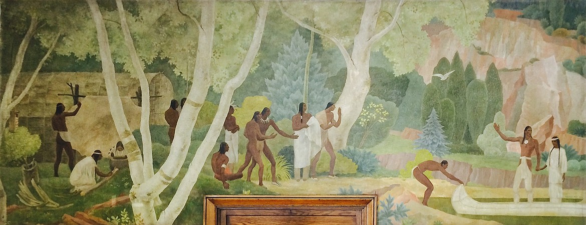 PUBLIC DOMAIN
&#147;Hiawatha Returning With Minnehaha&#148; mural by Frances Foy in a Gibson City, Ill., post office, depicting Hiawatha returning to his village with Dakota bride, as described in Longfellow&#146;s poem.