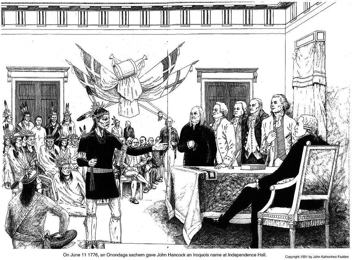 GOOGLE IMAGES
Onondaga Chief Canassatego addressing Continental Congress members including Benjamin Franklin, John Hancock and Patrick Henry in Philadelphia on June 11, 1776, promoting peace and friendship as advocated hundreds of years earlier by Hiawatha and Deganawida.