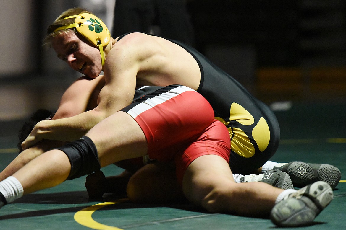 Whitefish's Camren Ross wrestles Browning's Trevon Running Fisher at 160 lbs. at Whitefish High School on Tuesday. (Casey Kreider/Daily Inter Lake)