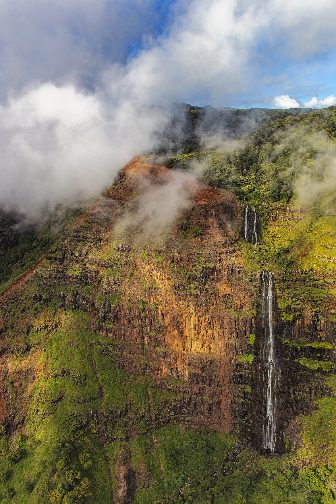 Aerial of Waipoo Waterfall in Waimea Canyon in Kauai, Hawaii. (Chuck Haney photo)