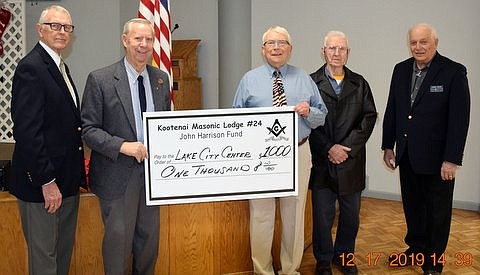 Members of Kootenai Masonic Lodge #24 visited Lake City Center on Tuesday with a donation of $1,000, from the John Harrison Fund, which will help the Center to continue to serve our community. Pictured Left to Right:   Phil Morgan and Paul Telebar, Kootenai Masonic Lodge #24;  Bob Small, director of Lake City Center;  Bob Balser and Butch McGee, Kootenai Masonic Lodge #24. (Courtesy photo)