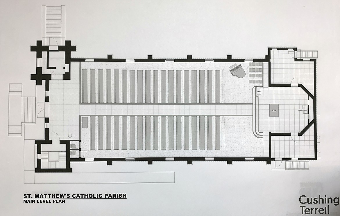 The main level floor plan of St. Matthew&#146;s Catholic Church designed by Cushing Terrell, formerly CTA Architects Engineers.