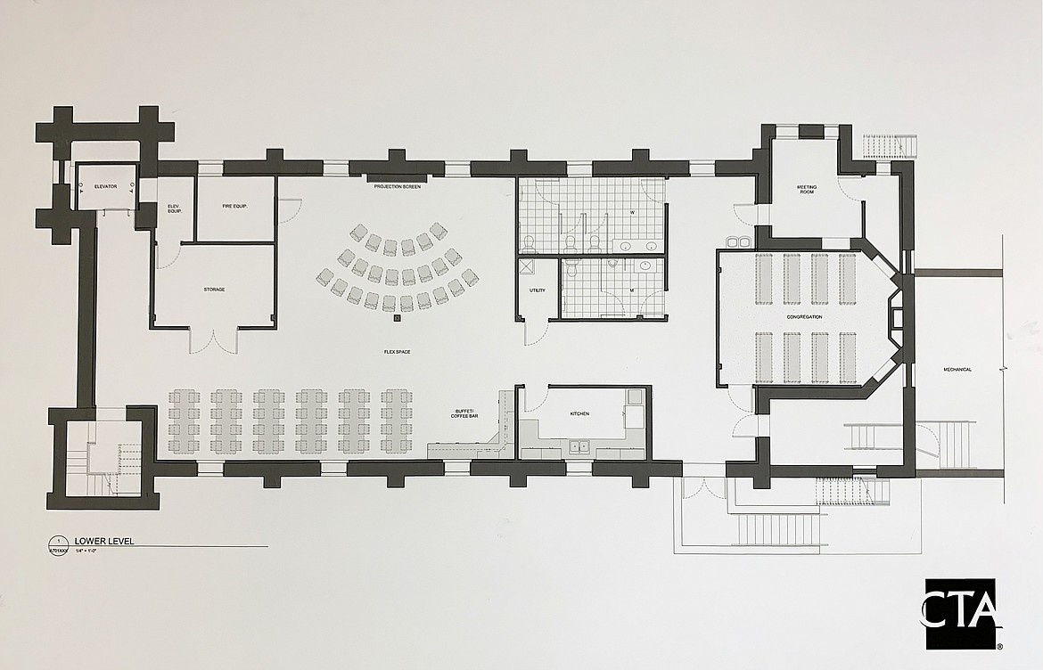 The basement floor plan of the Doran Center at St. Matthew&#146;s Catholic Church designed by Cushing Terrell, formerly CTA Architects Engineers.
