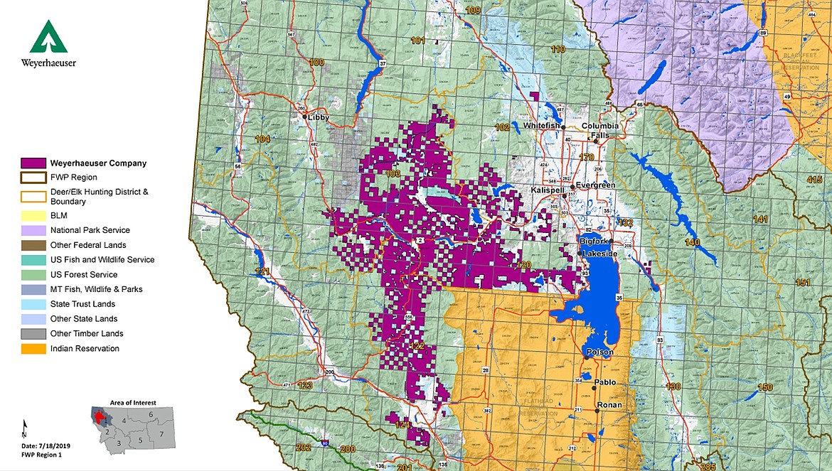 This map shows Weyerhaeuser property that’s under the Block Management program in Montana. The purple is the Weyerhaeuser lands. A sale could block off a huge swath of land to public access from Kalispell to Libby if the deal goes through, Lincoln County officials fear.