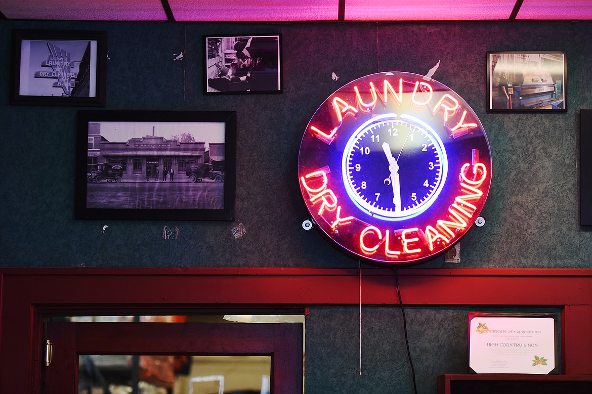 A refurbished clock that dates back to the original opening of the building as a laundromat inside the entryway at High Country Linen in Kalispell on Wednesday, Dec. 18. (Casey Kreider/Daily Inter Lake)