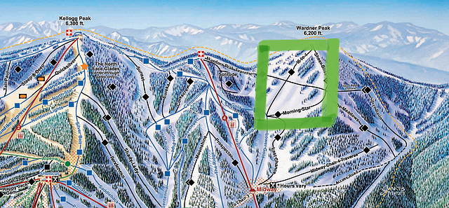 This map shows the skin runs on Silver Mountain. Inside the highlight green box is where multiple avalanches ripped through the area on Tuesday morning, leading to two fatalities. Courtesy image.