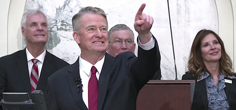 Governor Brad Little (center) points to Timberlake Junior High teacher Stacie Lawler in attendance during Monday's State of the State address. Flanked by Senate President Pro Tempore Brent Hill, Speaker Scott Bedke (behind center) and Lieutenant Governor Janice McGeachin (right), Little championed Lawler's commitment to children, a quality that earned her the title Idaho Teacher of the Year for 2020. (Courtesy Idaho Legislature)