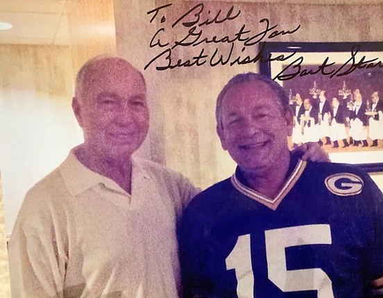 Green Bay Packers quarterback and Hall of Famer Bart Starr, left, poses with Coeur d'Alene superfan Bill Hughes on opening weekend of 2012 at Sammy's in Green Bay. The two met at the popular Green Bay pizzeria five blocks from Lambeau Field. Hughes was nominated for the Green Bay Packers Fan Hall of Fame Wednesday.