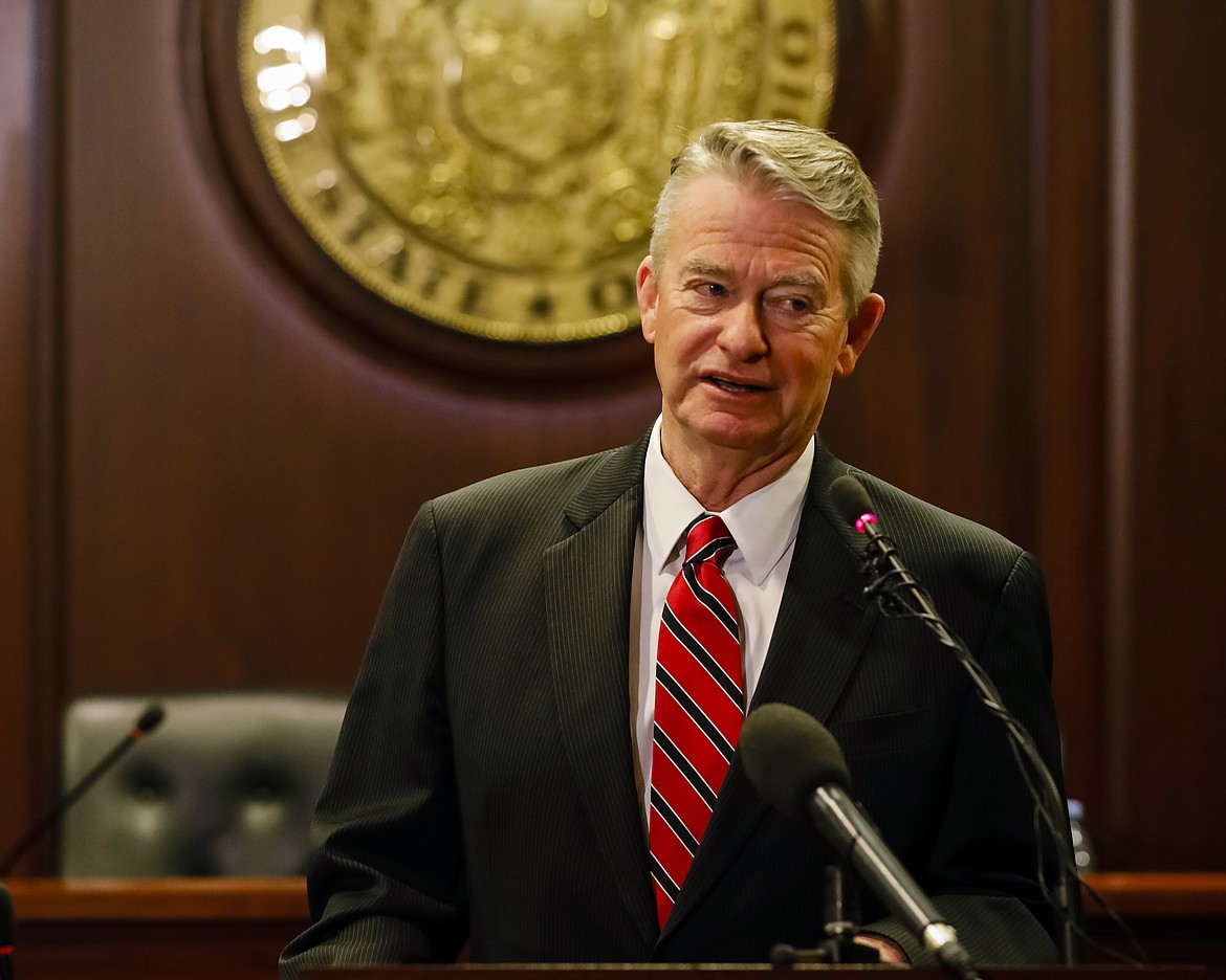 Idaho Gov. Brad Little talks to reporters at the State Capitol building Friday, Jan. 3, 2020 in Boise, Idaho. (AP Photo/Otto Kitsinger)