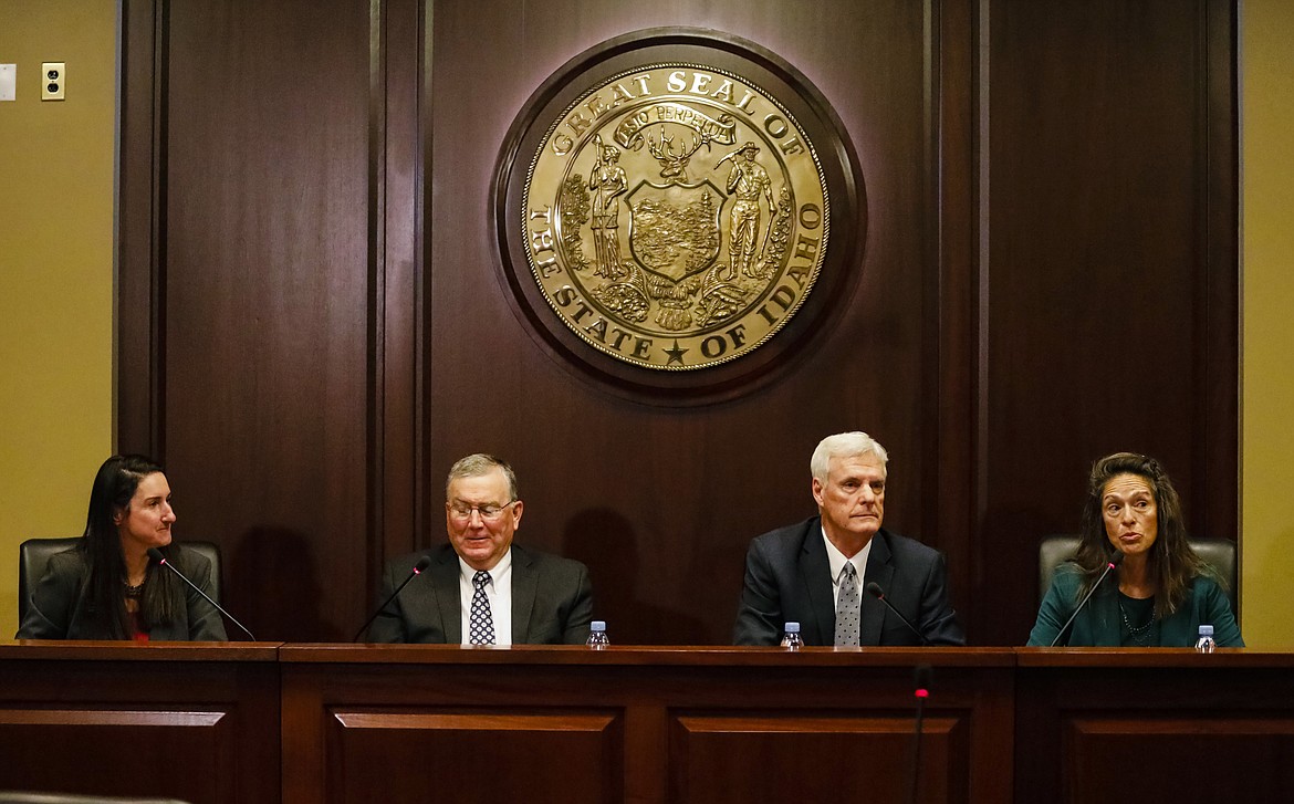 From left, Idaho House Minority Leader Ilana&#160;Rubel, D-Boise, House Speaker Scott Bedke, R-Oakley, Senate President Pro Tem Brent Hill, R-Rexburg, and Senate Minority Leader Michelle Stennett, D-Ketchum, speak to reporters about the upcoming 2019 legislative session at the State Capitol building Friday, Jan. 3, 2020, in Boise, Idaho. (AP Photo/Otto Kitsinger)