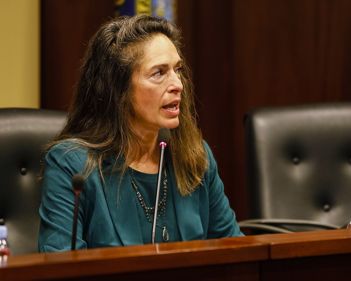 Idaho Senate Minority Leader Michelle Stennett, D-Ketchum, talks to reporters at the State Capitol building Friday, Jan. 3, 2020, in Boise, Idaho.(AP Photo/Otto Kitsinger)