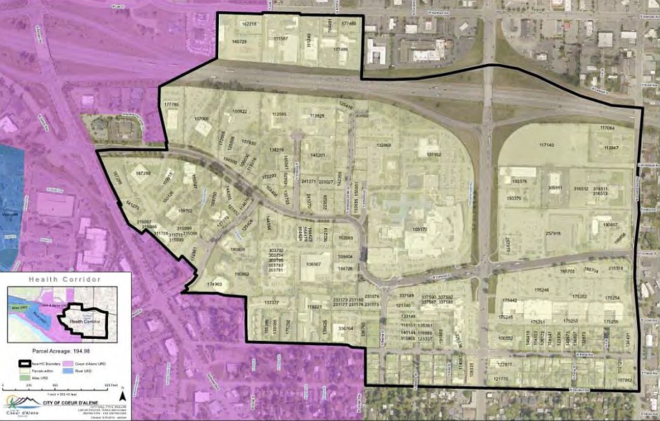 Images courtesy of ignite cda
The boundaries impacted by the new Health Corridor. The new urban renewal district covers a 263-acre swath developers hope to mold into a more efficient and modern neighborhood.