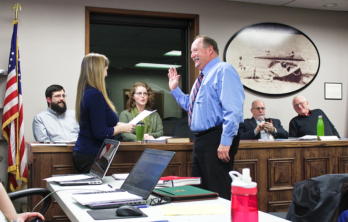 Photo by TONIA BROOKS
Richard Staples is sworn in as Mayor of Bonners Ferry during the City Council meeting on Tuesday, Jan. 7. Staples won the mayoral race by two votes over incumbent David Sims.