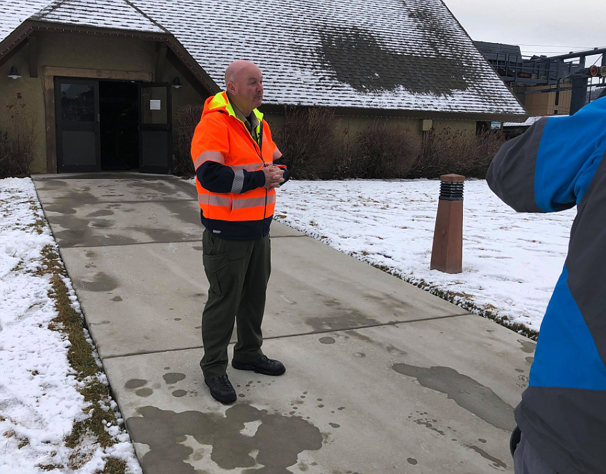 Photo by JOSH McDONALD
Shoshone County Sheriff Mike Gunderson addresses the media at the base of Silver Mountain on Thursday.