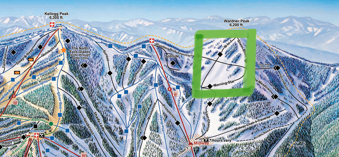 Courtesy photo/
This map shows the ski runs on Silver Mountain. Inside the highlight green box is where multiple avalanches ripped through the area on Tuesday morning, leading to two fatalities.