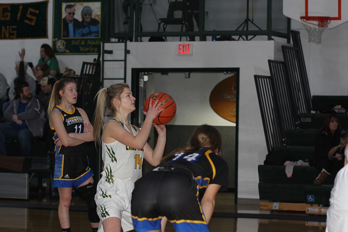 St. Regis's Taylor Hurd shoots a free throw during Saturday's game against Victor. (Chuck Bandel/Mineral Independent)