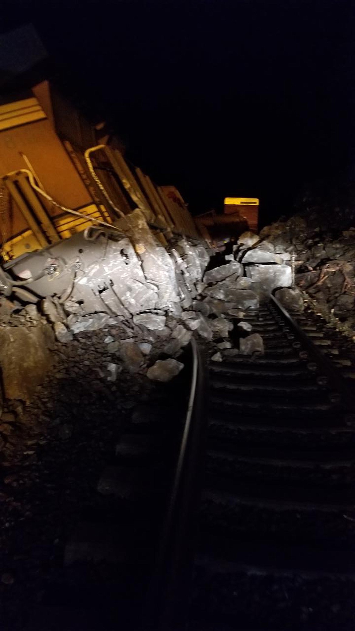 (Courtesy photo)The scene of a BNSF Railway train derailment late Wednesday night. The derailment sent at least one car of the 113-car train into the water with the crew temporarily trapped before escaping the engine and sitting on the top before they were rescued.