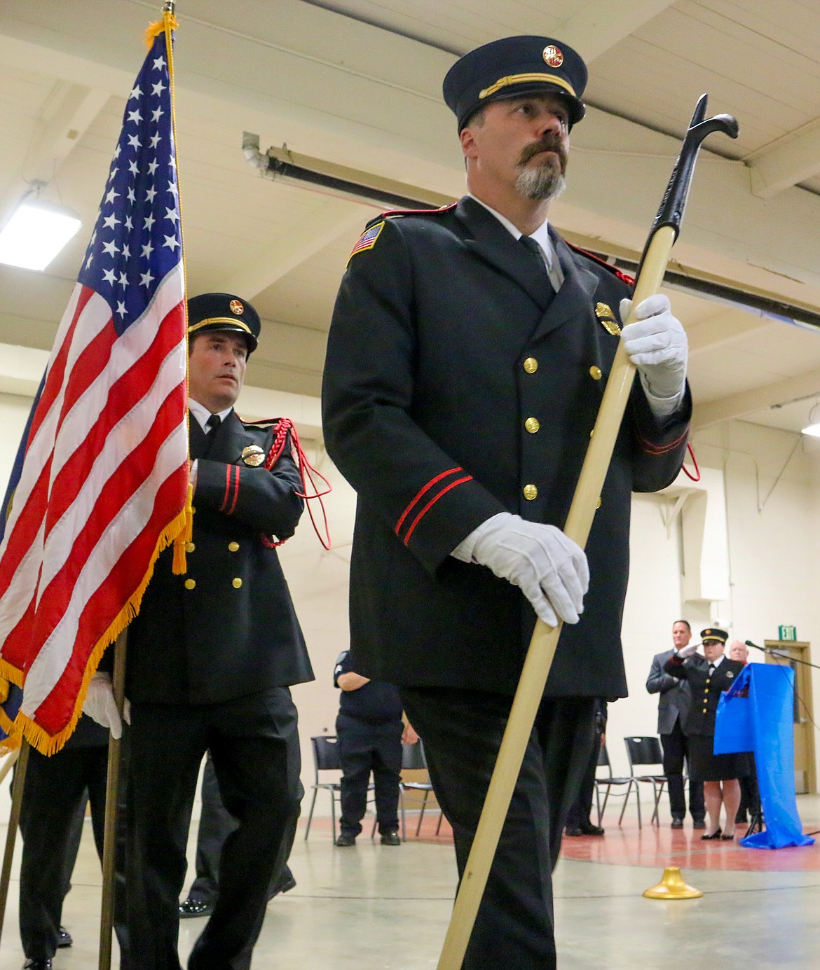 Photo by MANDI BATEMAN
Len Pine, leading the Boundary County Fire Association Honor Guard, during the National Peace Officer Memorial Observance on May 16.