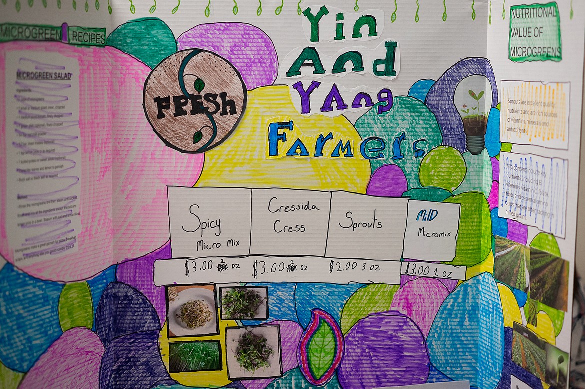 A student poster for a spicy micro mix, Cressida Cress and sprouts during a farmers market at the Center for Sustainability and Entrepreneurship. (Daniel McKay/Whitefish Pilot)