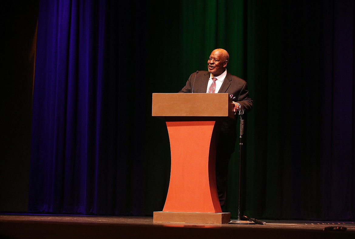 LOREN BENOIT/Press
Reverend Happy Watkins recites Martin Luther King Jr.&#146;s &#147;I have a Dream&#148; in front of Elementary School students during the 35th Annual Human Rights Celebration assembly at the Schuler Auditorium Thursday at NIC.