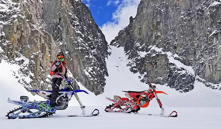 Photo courtesy Crazy Mountain Motorsports
Based in Clyde Park, Mont., Crazy Mountain Motorsports dropped snowmobile manufacturing after almost two decades to jump into the snowbike market. The kits attach to motorcycles to make them snow-shredding machines.