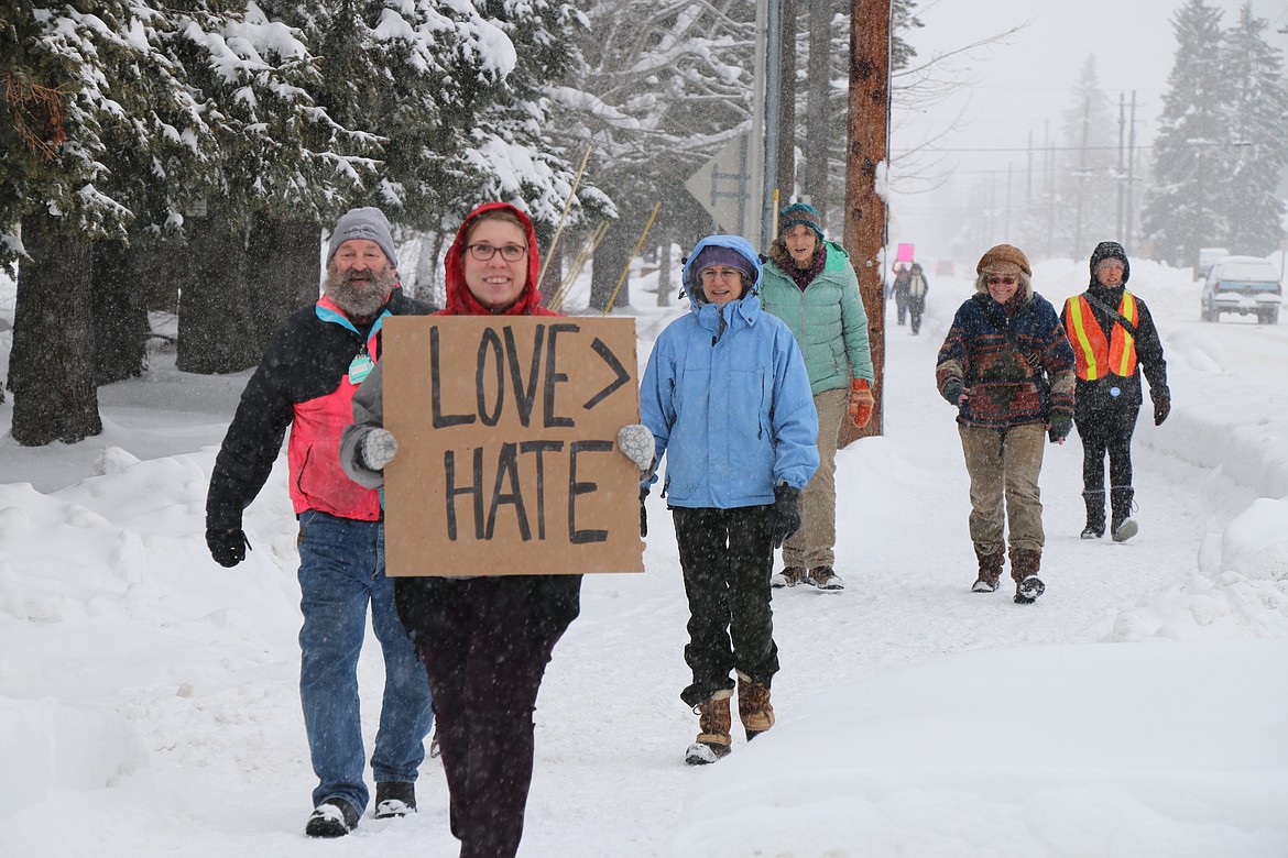 A few of the participants at the N. Idaho Women&#146;s March brave the cold and snow to march through the streets call attention to women&#146;s rights, human rights and social justice.

(Photo by 
CAROLINE LOBSINGER)