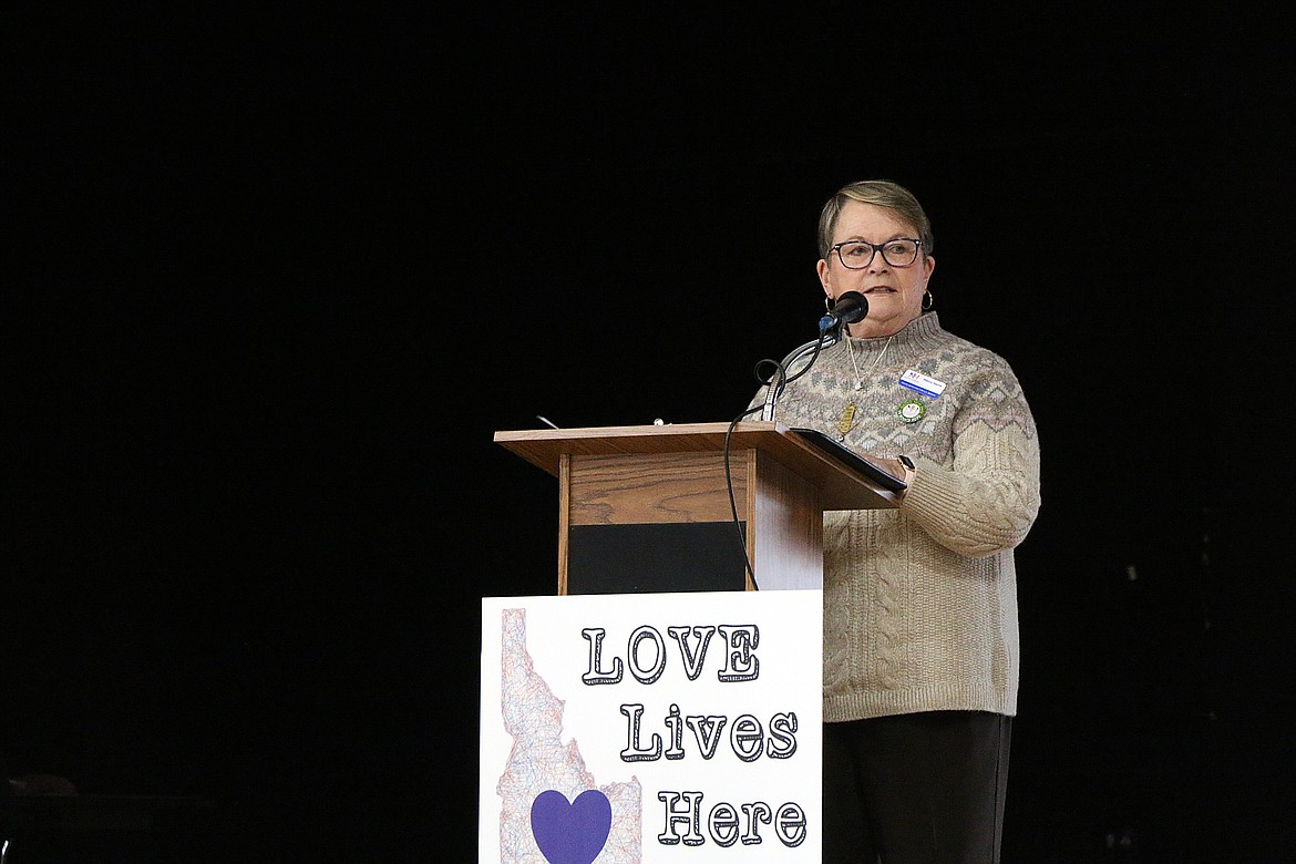 (Photo by CAROLINE LOBSINGER)
Nancy Harris, who lived in Sandpoint until she was 10 years old, talks about what prompted her to run against incumbent U.S. Sen. James Risch.  Harris was one of three speakers at the N. Idaho Women&#146;s March in Sandpoint on Saturday. The event attracted about 150 people with the theme that is was time to &#147;take action&#148; for positive change.